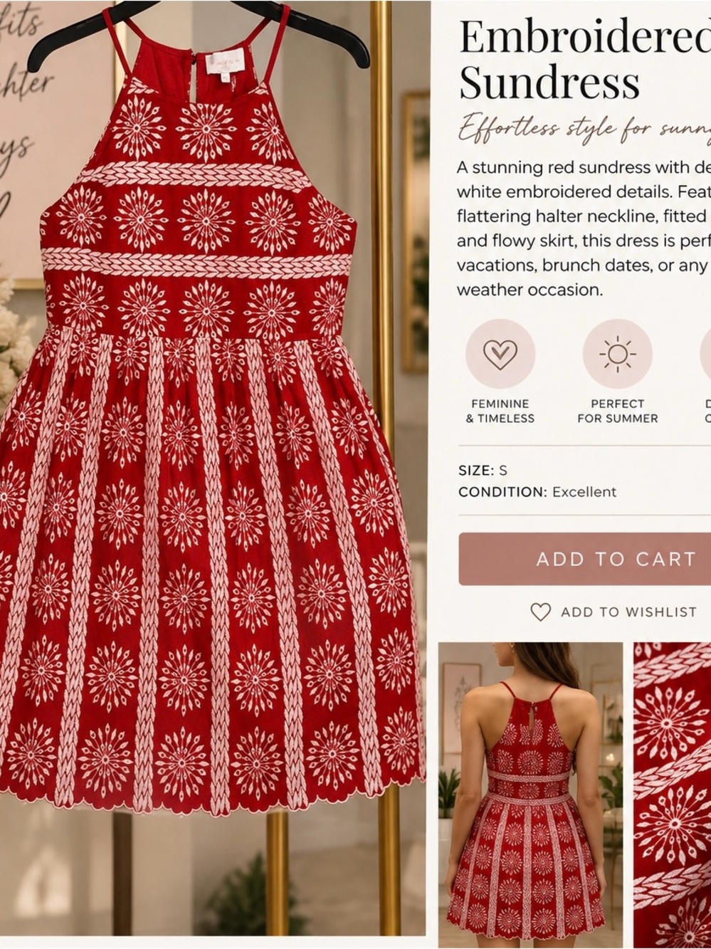 entro Red Halter Embroidered Sundress